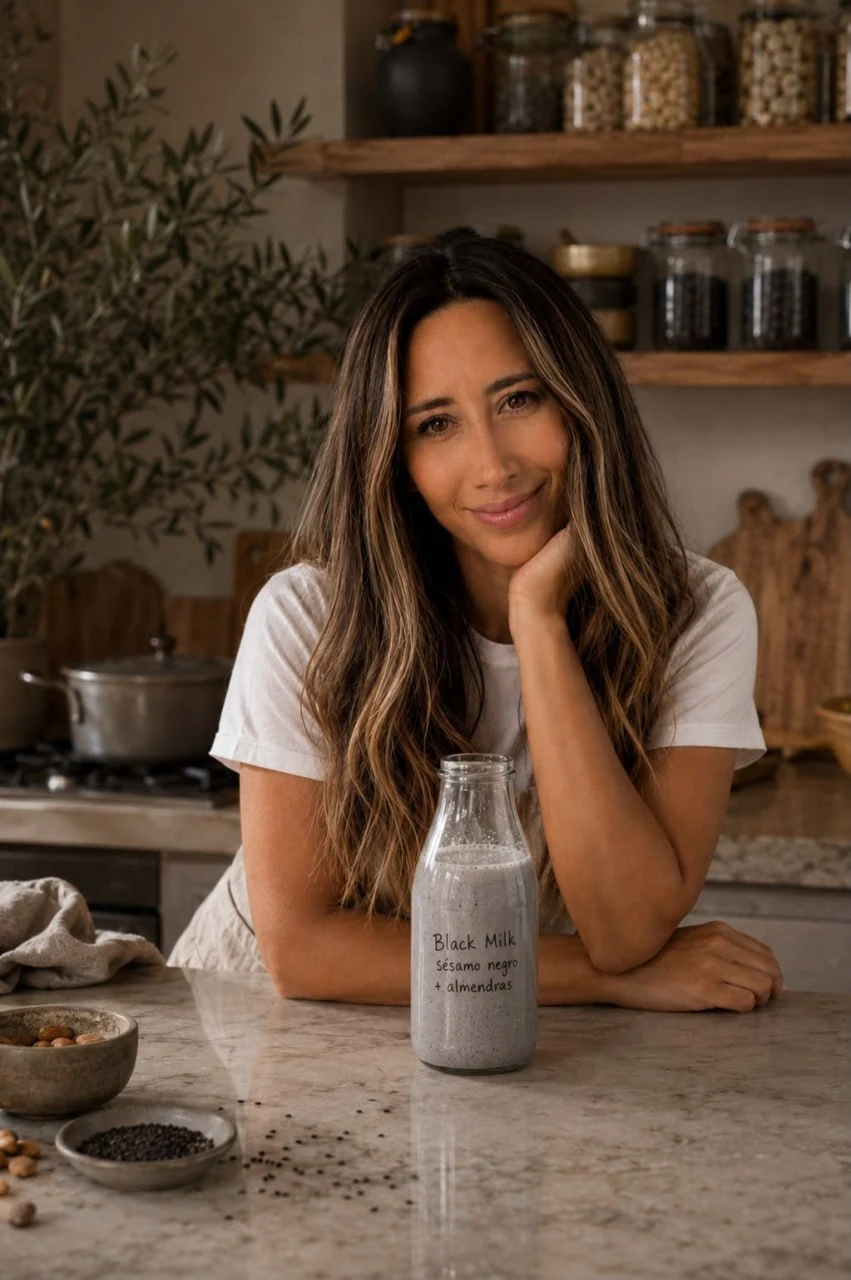 Carolina Meneses Labra en una cocina con ingredientes y una bebida de sésamo negro y almendras